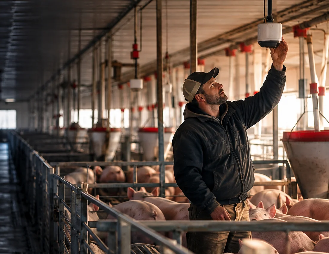 Illustrative photo of a grower checking conditions in a livestock barn